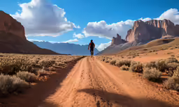 a man in the distance walking up a dirt road next to mountains
