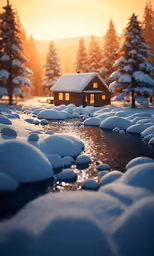 the sun sets over a snow covered cabin and stream