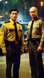two uniformed men standing next to each other,two men are standing together in the street