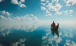 the man is sitting on his canoe on the calm water