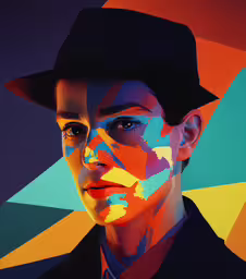 a man with a black hat and a black blazer,a portrait of a person with colorful background
