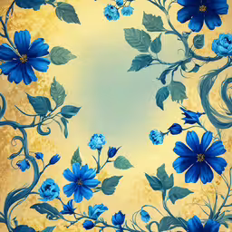 a painting on a yellow background of blue flowers,blue flowers and vines arranged around a light yellow background