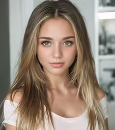 the beautiful woman has a white shirt on and she looks into the camera