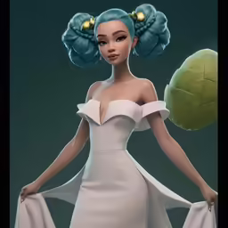a woman in an off white dress holding a green ball