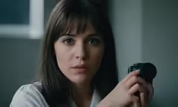 a woman holding a camera up to her face