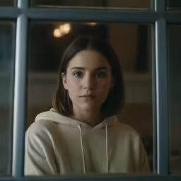 a woman looks through glass windows at something
