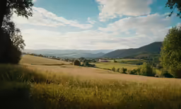 a lush green hillside with a distant country side