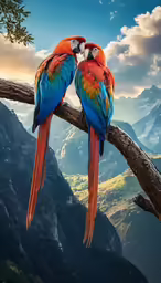 two colorful birds sit on a branch with mountains in the background
