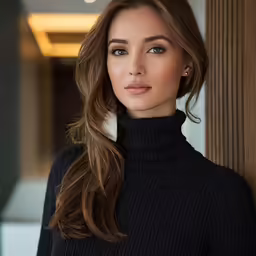 a woman leaning against a wall with her hair in a pony tail