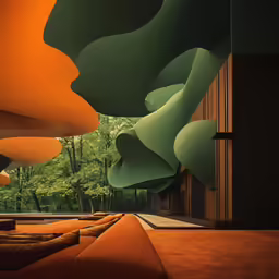 an abstractly colored room with a couch near trees