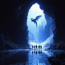 a group of people walking through a blue cave