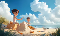 there is a painting of two children sitting on the beach
