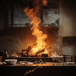 flames rising up from the oven in a kitchen
