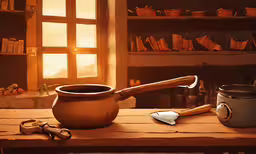 an old fashioned pot sitting on top of a wooden table next to a bucket,a table with pots and an old ladle on it