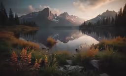 a mountain range with trees reflected in the still water of the lake