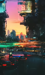 night time traffic, with a large city and buildings in the background