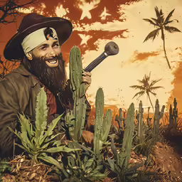 an old timey picture of a mexican man with an axe and cactuses