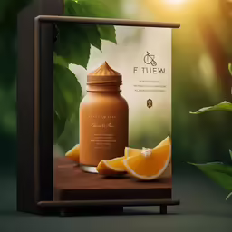 an orange slice with a jar of cream sitting on top of a shelf