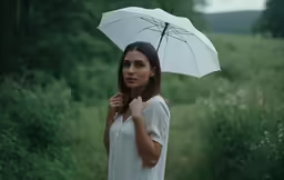a girl with a umbrella standing in the grass