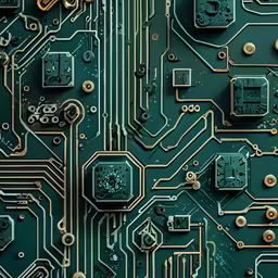 the green circuit board has some gold and black wires