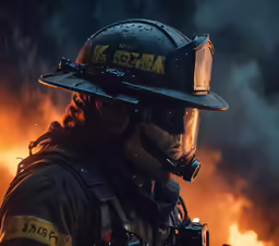 two firefighters in full gear stand next to a fire