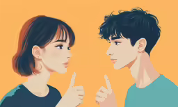 a girl and boy pointing fingers up at each other