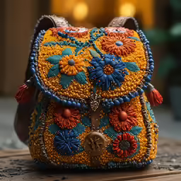 a beaded purse with flowers on it sitting on a table
