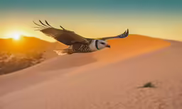 the bird flies over the desert dunes