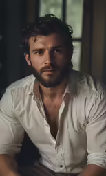 a young man with beard and white shirt
