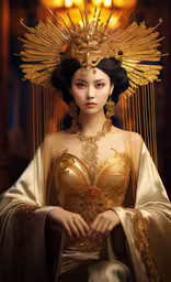 the asian woman is dressed in golden and has feathers on her head,a woman in oriental fashion is holding her hands together