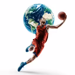 a basketball player in red uniform is jumping for a ball