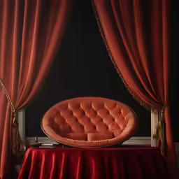 a big red couch sitting under a red table