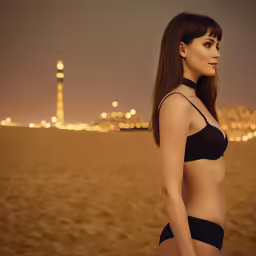 a young woman in a bikini on the beach at night