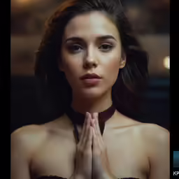 a beautiful woman with her hands together in front of her