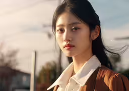 an asian woman with long dark hair wearing a shirt and collar,a woman in a tan shirt and white collared blouse looking away