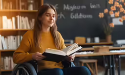 a woman with long hair, a wheelchair and a book