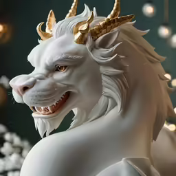 white horse statue with gold horns and huge fake teeth