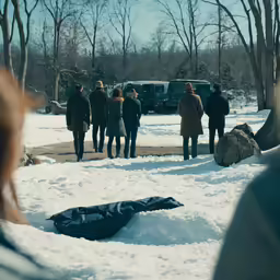 people standing in the snow talking to one another