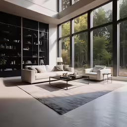 a modern looking living room has glass walls