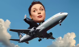 an air plane flying through the sky with a picture of a woman