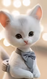 a white kitten with blue eyes wearing a bow tie