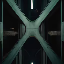 the back side of a building with columns and light from below