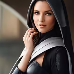 a woman posing in an outfit with a hoodie