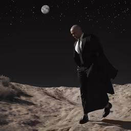 the man wearing a suit is walking across a desert