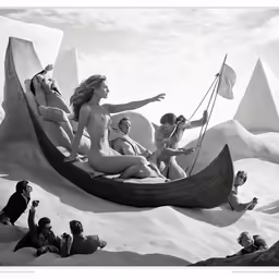 four people on a floating boat in the ocean