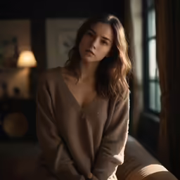a woman sits on a bed in the sunlight