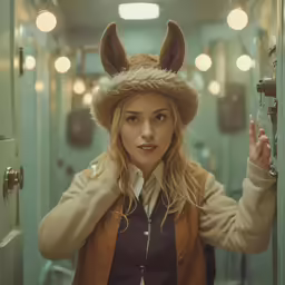 a young blonde wearing a bunny ear hat