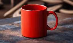 there is a coffee cup that is left on the table