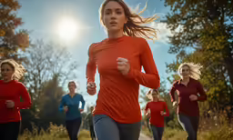 group of running women in the woods on a sunny day