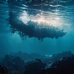 an underwater photo of a coral reef with sunlight peeking through the water